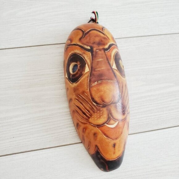 Vintage Handcrafted African Tribal Cat Gourd Mask Wall Decor Handpainted - Picture 2 of 5